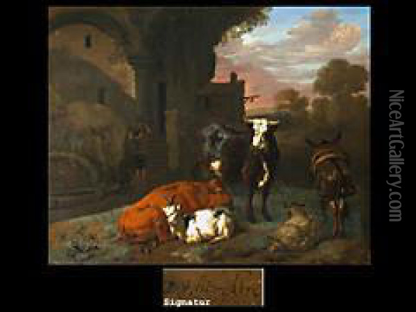 Kuhe, Ziege Und Esel Vor Einem Gebaude Oil Painting - Dirk van Bergen