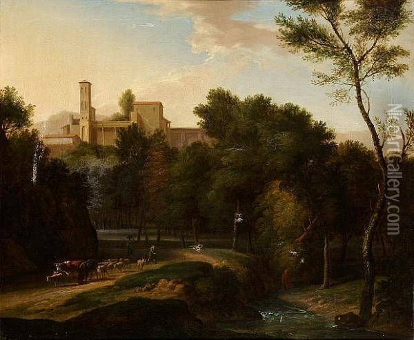 A Wooded Italianate Landscape 
With Shepherds Driving Their Livestock Beside A River In The Foreground,
 A Classical Villa On A Hill Beyond Oil Painting - Jan Frans Van Bloemen (Orizzonte)