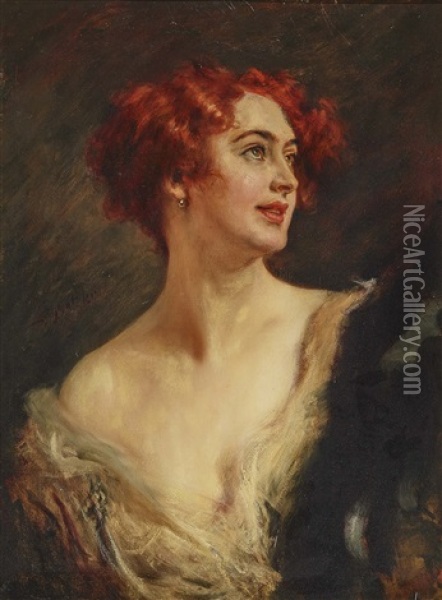 Portrait Of A Red-haired Lady With Pearl Earrings Oil Painting - Leopold Schmutzler
