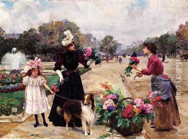 The Flower Seller, Champs Elysees, Rampart Gardens Oil Painting - Louis Marie de Schryver