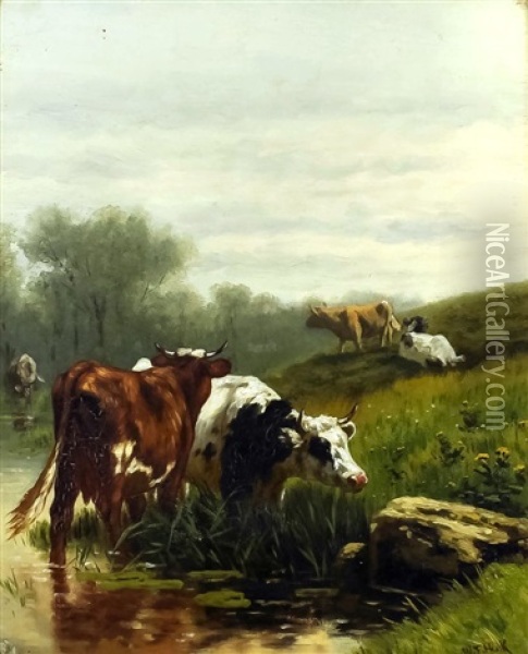 Grazing Cattle With Water Meadows Oil Painting - William Frederick Hulk