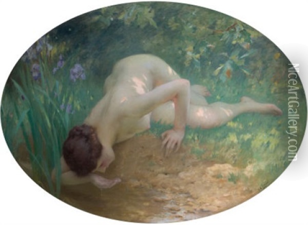 At The Pool Oil Painting - Charles Amable Lenoir