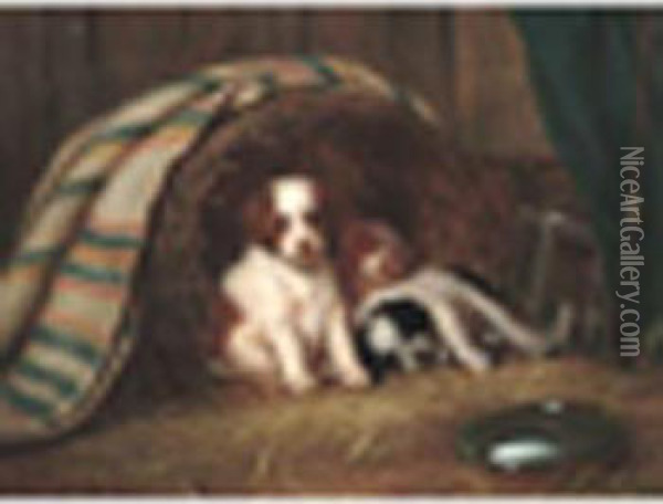 Puppies Ina Basket Signed, Oil On Canvas 25 X 34in Oil Painting - Ernest Laddey