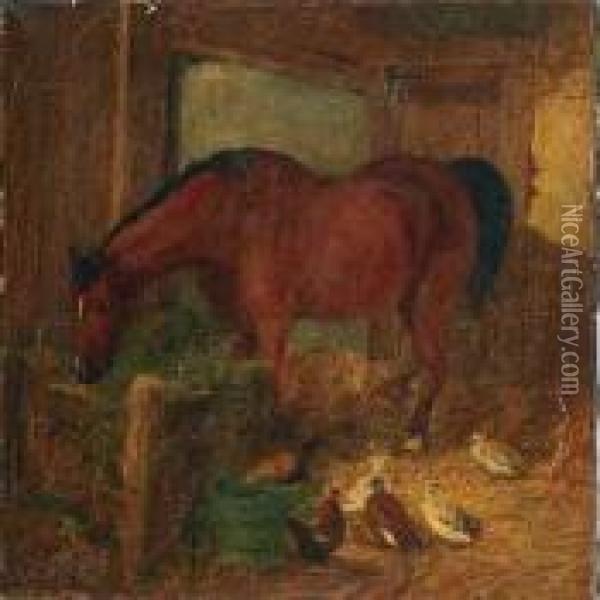 Horse And Ducks In A Barn Oil Painting - John Frederick Herring Snr