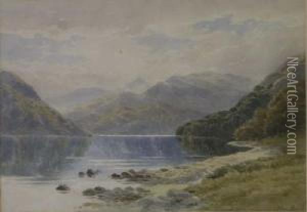 Loch Scene Signed 9.5 X 13.5in Oil Painting - Alfred Powell