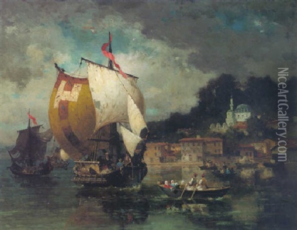 A Turkish Coast Oil Painting - Germain Fabius Brest