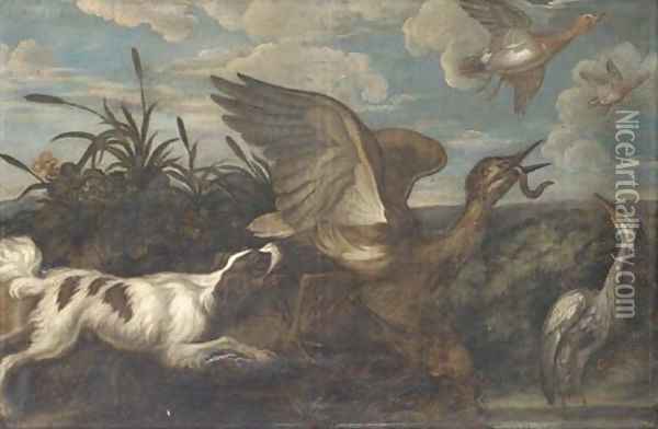 A spaniel chasing a bittern, with a heron and duck, in a landscape Oil Painting - Francis Barlow