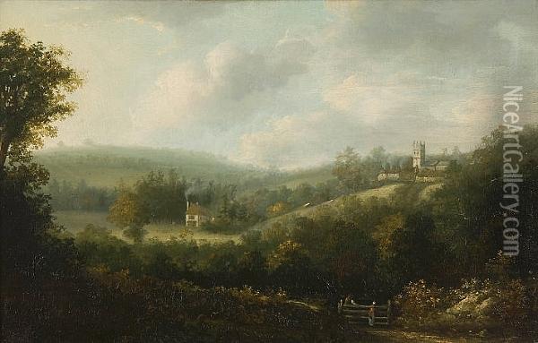 Landscape With Country Village Oil Painting - George, the Younger Cuitt