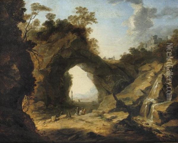 A Rocky Landscape With Soldiers Near A Waterfall Oil Painting - Jan A. Marienhof