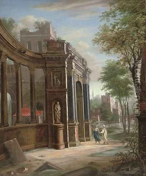 A capriccio of classical architecture with two figures conversing Oil Painting - Jacobus Saeys