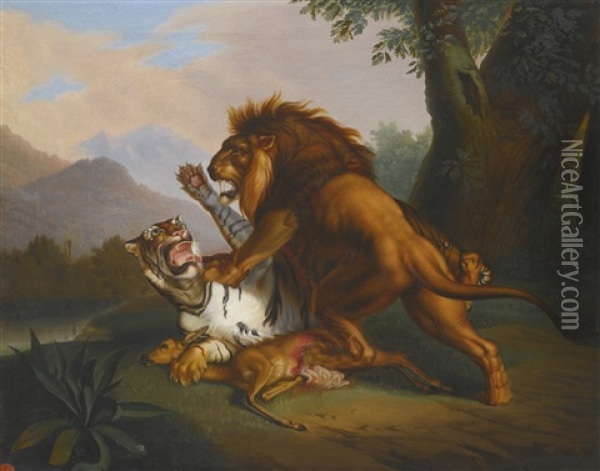 A Lion And Tiger In Combat Oil Painting - Wenceslaus (Wenzel) Peter