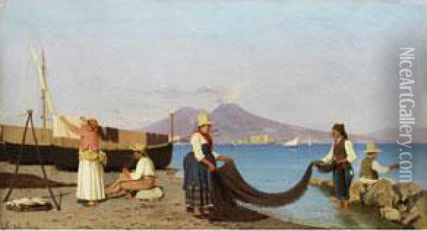 Wascherinnen Am Meeresufer In Der Bucht Von Neapel Oil Painting - Giovanni Della Rocca