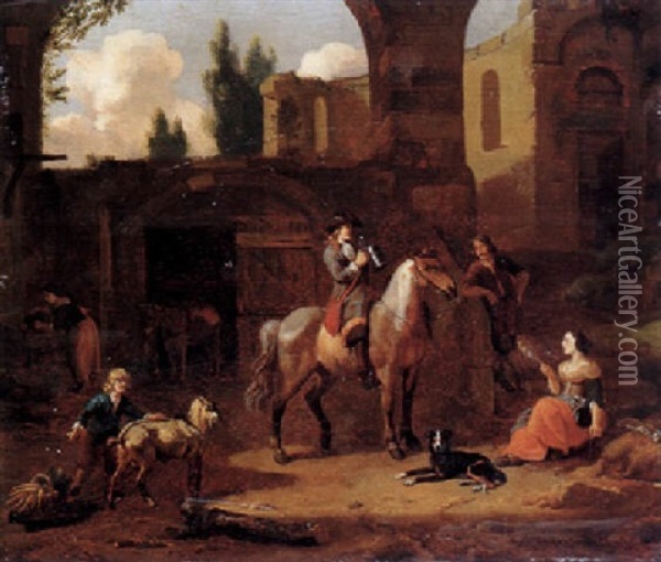 A Traveller On Horseback Taking Refreshment By A Stable, Among Classical Ruins, Shepherds Nearby Oil Painting - Dirk Maes