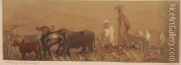 Cattle Going Home At Bhownaggur Oil Painting - James Braithwaite Peile