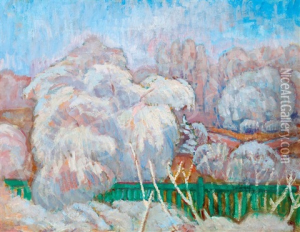 The Green Fence (winter Landscape) Oil Painting - Bela Ivanyi Gruenwald