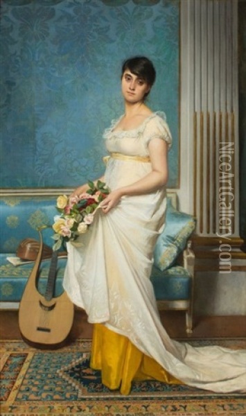Portrait De Femme En Pied Tenant Une Couronne De Fleurs Oil Painting - Christian Meyer-Ross