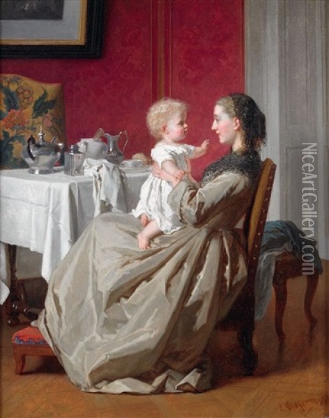 Rejouissances Maternelles Oil Painting - Jean-Baptiste Jules Trayer