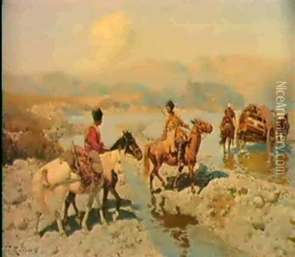 Tscherkessische Reiter Mit Leiterwagen Bei Der              Flussberquerung Oil Painting - Franz Roubaud