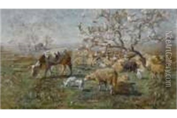 Weidendes Vieh In Fruhlinglandschaft Oil Painting - Antonis Matteo Montemezzo