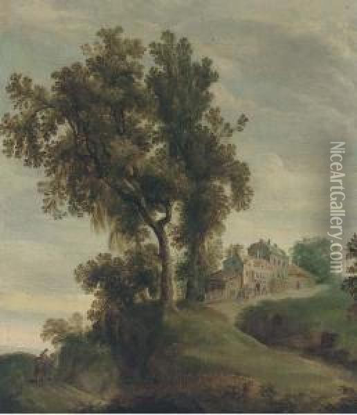 A Partly Wooded Landscape With Travellers On A Track Near Avillage Oil Painting - Domenico Fetti