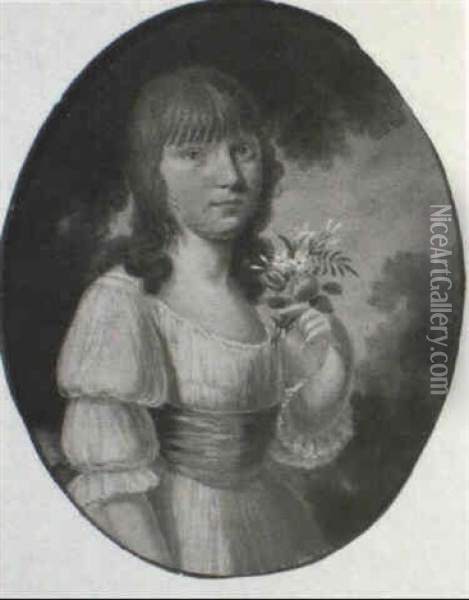 Portrait Of A Young Girl Three Quarter Length, Wearing A    White Dress And Pink Sash, Holding A Posy Of Flowers In Her Oil Painting - Joseph Parry