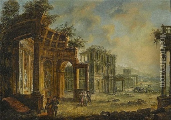 Ideale Ruinenlandschaft Mit Figurenstaffage Oil Painting - Christian Georg Schuetz the Elder