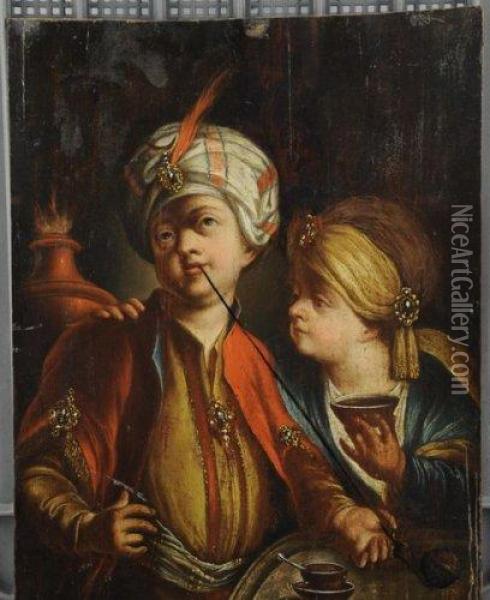 Enfant-fumeur Au Turban. Oil Painting - Charles-Amedee-Philippe van Loo