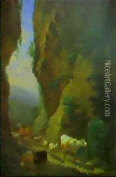 Bjerglandskab Med Hyrde Og Kvaeg Oil Painting - Balthasar Paul Ommeganck