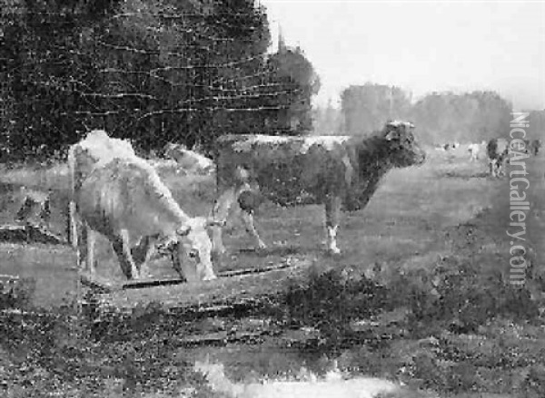 Cows At Waterhole Oil Painting - George Glenn Newell