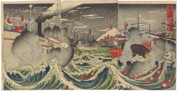 Battle At Weihaiwei Oil Painting - Utagawa Kokunimasa