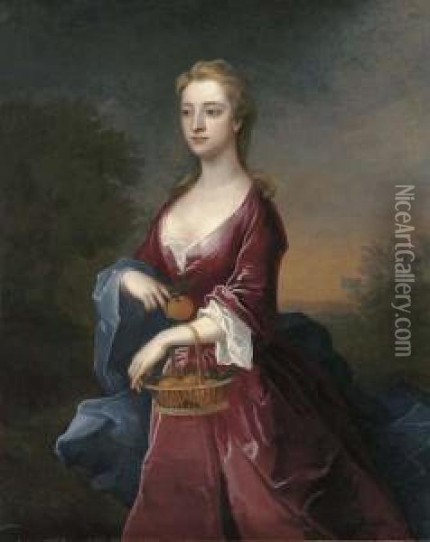 Portrait Of The Hon. Mary Digby,
 Three-quarter-length, In A Maroon Dress And Blue Wrap, Holding A Basket
 Of Oranges On Her Left Arm, An Orange In Her Right Hand Oil Painting - Charles Jervas
