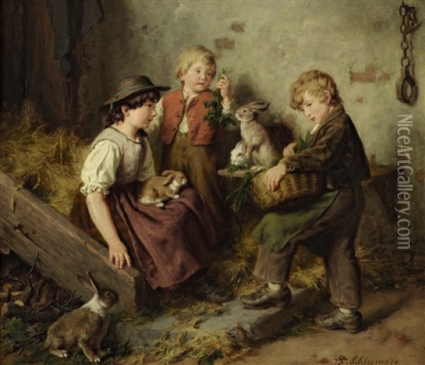Drei Kinder Mit Hasen Im Stall Oil Painting - Felix Schlesinger