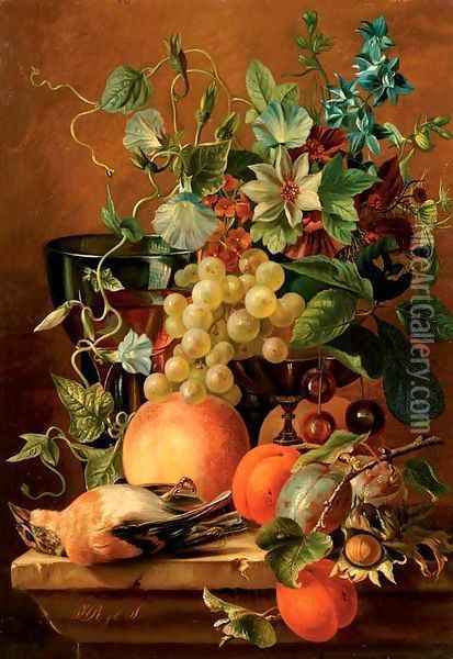 Fruits and flowers on a ledge Oil Painting - Dutch School