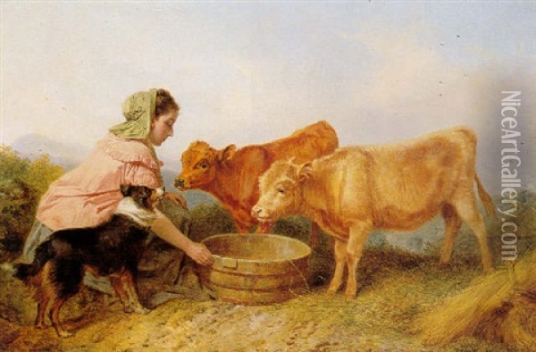 Watering Calves Oil Painting - Richard Ansdell