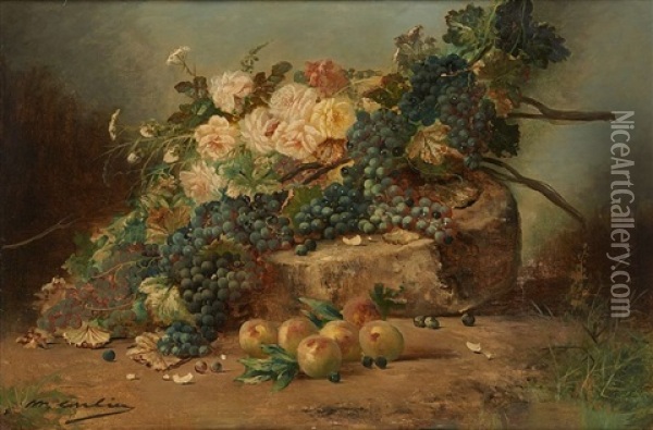 Composition Aux Raisins, Roses Et Pommes Oil Painting - Max Carlier