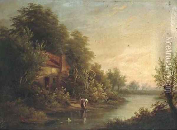 Figures by a cottage in a river landscape; and A goatherd on a wooded track Oil Painting - George Augustus Williams