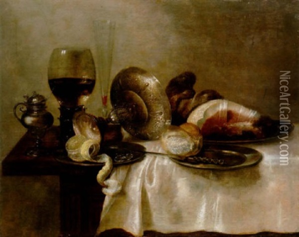 A Half-filled Roemer, A Glass, An Overturned Silver Tazza, A Salt Cellar, A Ham, Bread And Peeled Lemon On Pewter Dishes, On A Table Oil Painting - Willem Claesz Heda