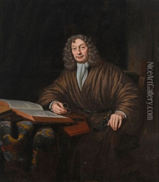 A Portrait Of A Gentleman In His Study, Seated Three-quarter Length At A Table Wearing A Robe, Reading A Book And Holding A Pair Of Glasses In His Hand Oil Painting - Michiel van Musscher