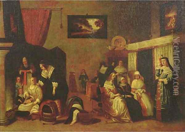 Elegant ladies visiting the mother of a new baby Oil Painting - Hieronymus Janssens