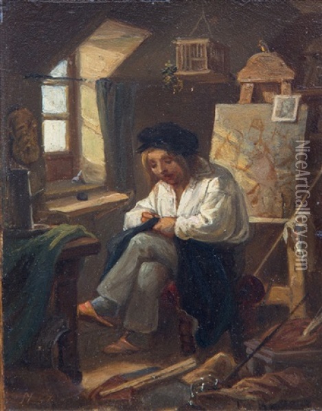 A Poor Artist Mending His Clothes Oil Painting - Matthijs Maris