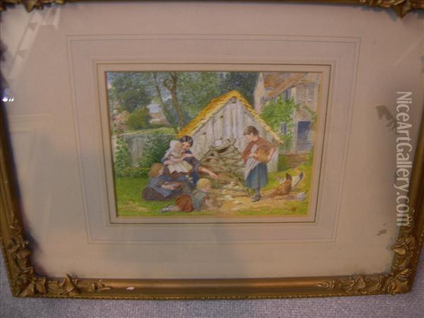 Description
Follower Of Myles Birket Foster Childrenplaying By A Chicken Run Oil Painting - Myles Birket Foster