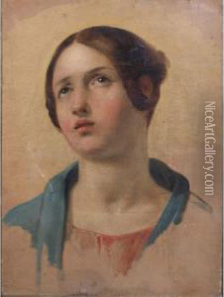 Study Of A Young Woman Looking Up Oil Painting - Hippolyte Flandrin