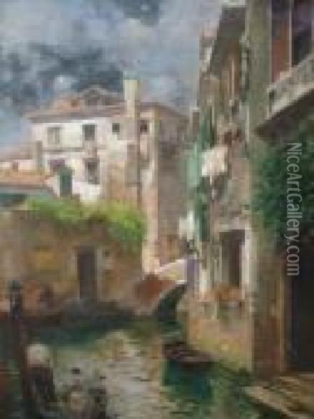 Venetian Canal Scene Oil Painting - Rubens Santoro