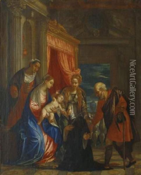 La Sainte Famille Avec Sainte Elisabeth, La Madeleine Et Une Benedictine agenouillee. Oil Painting - Paolo Veronese (Caliari)