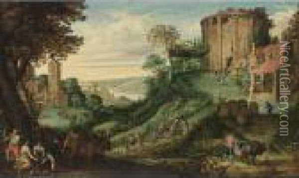 An Extensive Landscape With 
Peasants Harvesting Fruit, The Temple Of Vesta To The Right, A View Of A
 River In The Distance Oil Painting - Paul Bril
