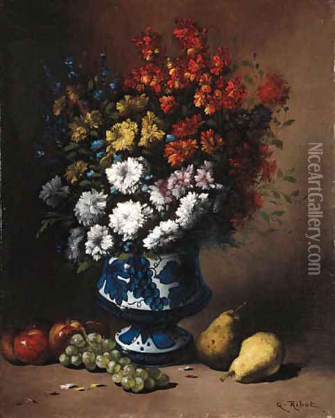 Floral Still Life with Fruit on a Ledge Oil Painting - Theodule Augustine Ribot