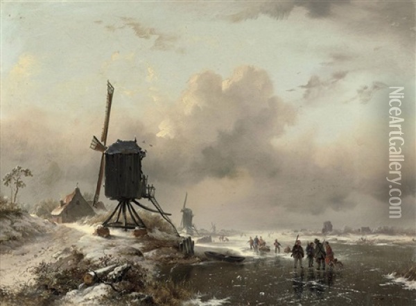 Huntsmen On The Ice Oil Painting - Frederik Marinus Kruseman