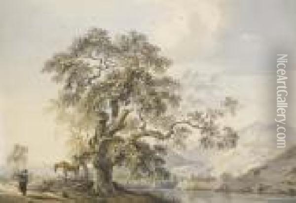 Figures And A Horse In A River Landscape Oil Painting - Paul Sandby