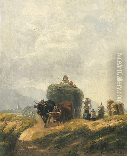 Heuernte Am Chiemsee, Im Hintergrund Die Fraueninsel Oil Painting - Christian Friedrich Mali
