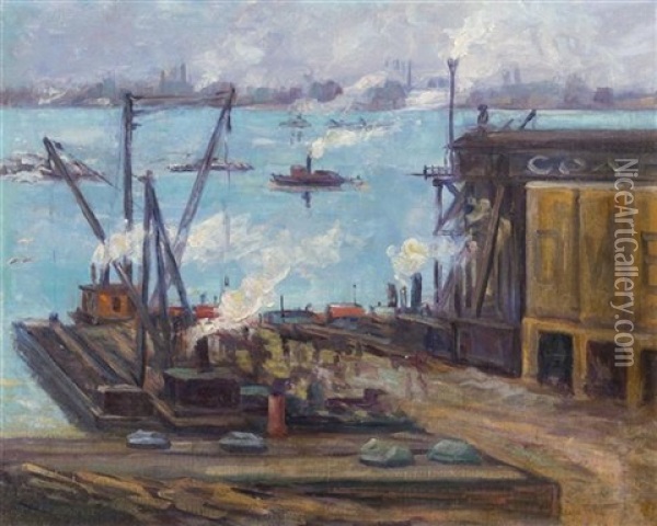 New York Harbor Oil Painting - Jonas Lie